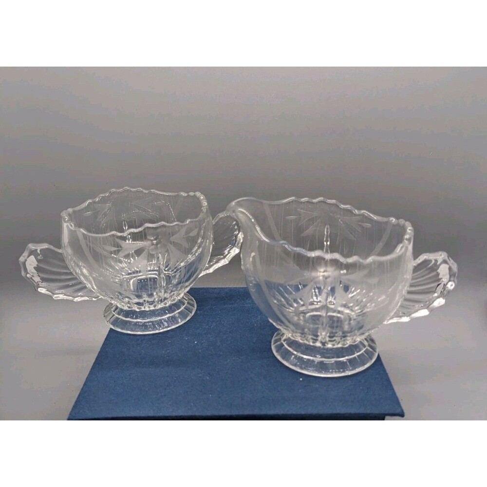 New Martinsville Radiance Clear  Etched Cut Glass Sugar Creamer Vintage Art Deco